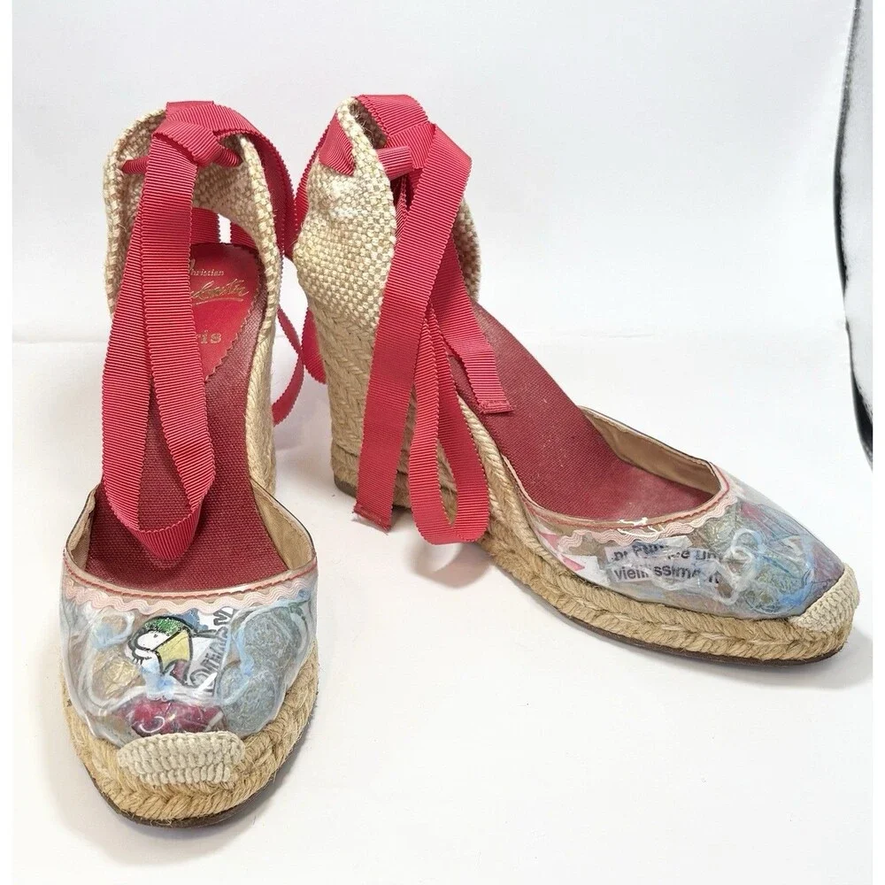 Christian Louboutin Red Ribbon Espadrille Wedge with Printed Toe